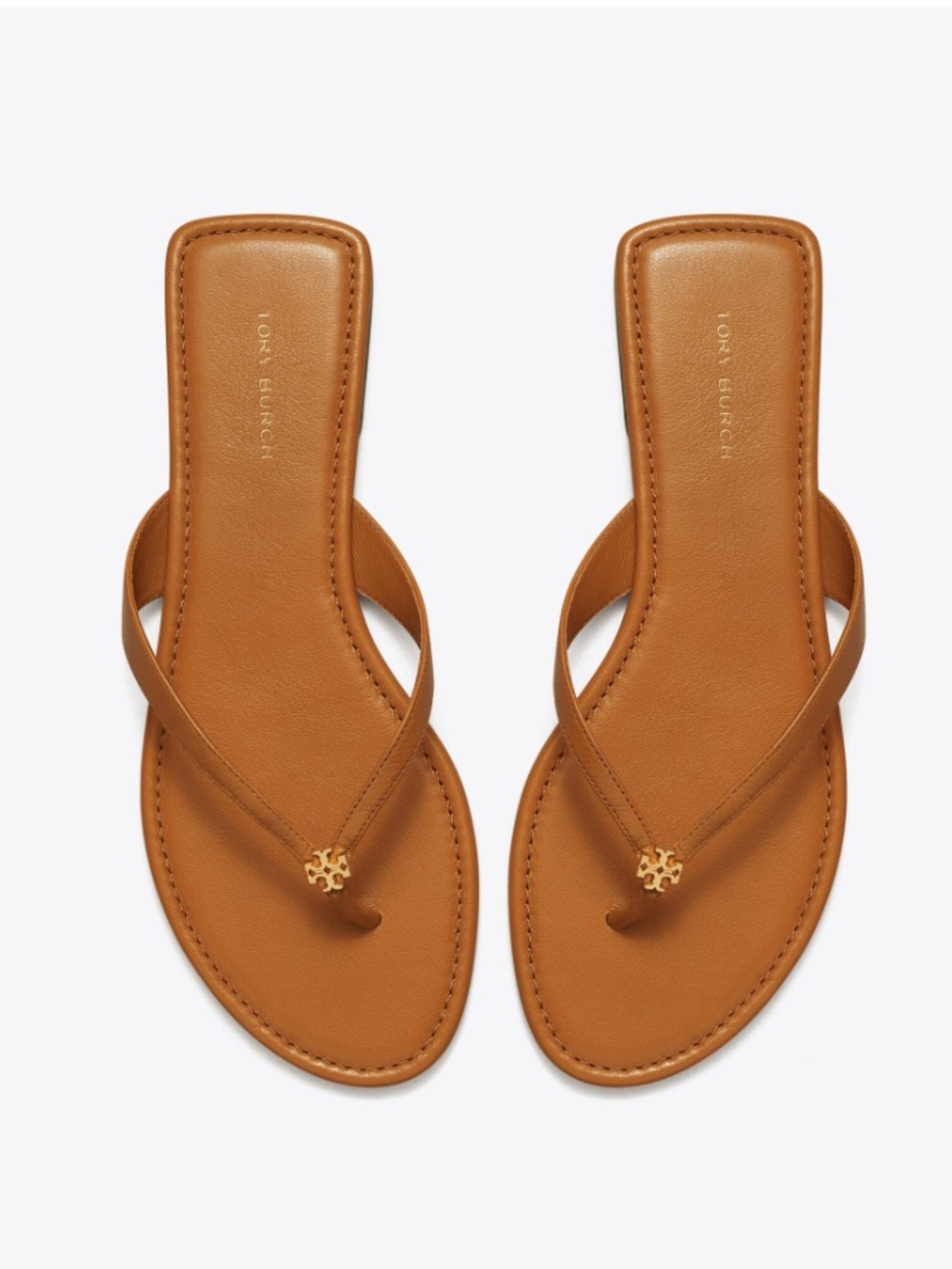 TORY BURCH Sandals Leather Flip Flops TB Gold Logo Carmel Size 9.5